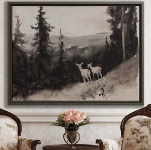 Forest Deer Canvas Print Rustic Wall Art Wildlife Oil Painting Vintage Decor - Picture 1 of 9