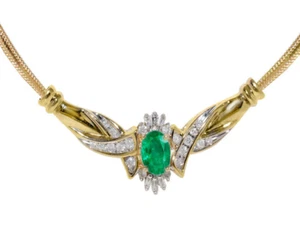 NATURAL EMERALD & Diamond oval cut Pendent Necklace Yellow Gold Mangalsutra look - Picture 1 of 3