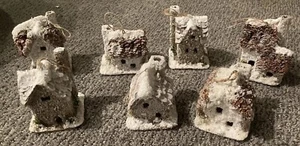 7 New Primitive Vintage Putz Style CHRISTMAS HOUSE CABIN Ornaments 3” & 4" - Picture 1 of 21