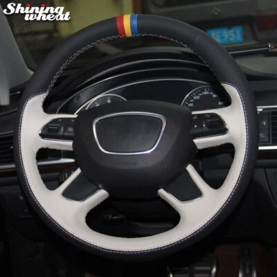Black White Leather Car Steering Wheel Cover for Audi Q7 2012-2015 Q3 Q5 A4 (B8) - Image 1 of 4