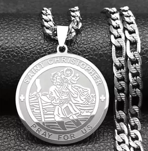 New Mens St Saint Christopher Medal Round Pendant Necklace Stainless Steel - Picture 1 of 1