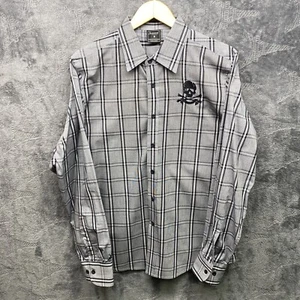 Irreverent Shirt Men M Skull Crossbones Windowpane Plaid Button Front - Picture 1 of 11