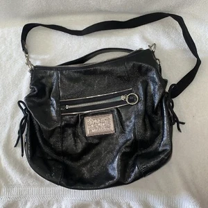 COACH Poppy Liquid Gloss Patent Hobo Shiny Shoulder/ Hand Bag Black With Sinch - Picture 1 of 6