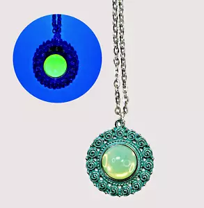 Blue and Silver Round Pendant with Vintage Uranium Glass Cabochon Necklace UV - Picture 1 of 15