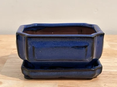 Bonsai Succulent Starter Planter W/Saucer Blue Glazed Ceramic 4”x2.25” - Image 1 of 4