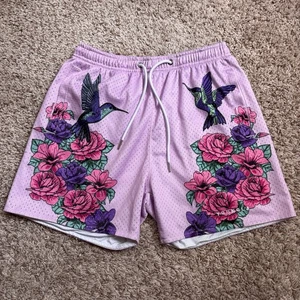 YoungLA Shorts Men’s Size Medium Block Party Gym Mesh Floral Hummingbirds Pink - Picture 1 of 7