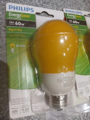 Phillips 60-Watt 14w Yellow Long-Life LED Bug Light Bulb, Non-Dimmable A19- New - Image 1 of 4