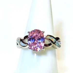 Silver Ring Size 9 White Lab Opal Inlay 8mm * 6mm Pink Sapphire - New Old Stock - Picture 1 of 10