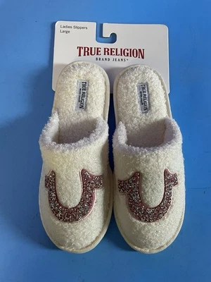 Brand New- True Religion Pink Glitter Furry Slippers Size Large Horseshoe Logo - Image 1 of 2