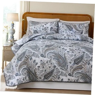 100% Cotton Quilt Sets Grey Bedding Sets 3 Pcs Reversible Coverlet King Paisley - Image 1 of 4