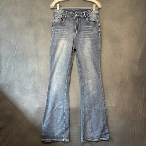 Shein Size 30 Stretchy Flare Jeans Blue Mid Rise Distressed Hem Rockabilly Farm - Picture 1 of 14