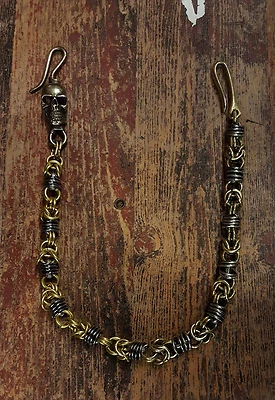 Cadena billetera hecha a mano de bronce y acero con gancho de calavera cadena de caja de serpiente latón Sta Foto 1 de 4