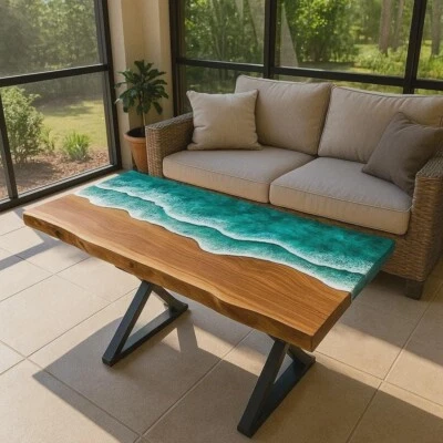Coastal Ocean Wave Coffee Table – Resin Shoreline on Natural Wood Base - Image 1 of 4