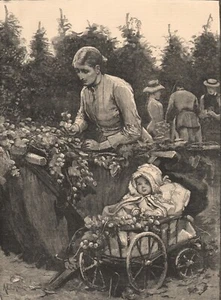 Alfred Edward Emslie Frau mit Kind im Baby Buggy Picking Hops Kent 1884 Druck - Bild 1 von 2