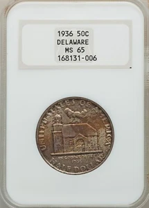 1936 DELAWARE SILVER COMMEMORATIVE HALF DOLLAR NGC MS-65  "Fatty Slab" - Picture 1 of 2