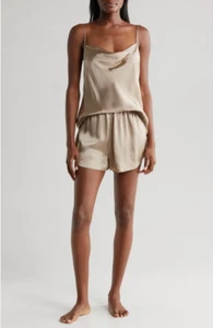 Nordstrom Lingerie 100% Silk Pajama Set  mix match  M top  L bottom  tan mink #2 - Picture 1 of 5