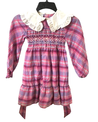 Princess Anne Hand Smocked Dress Pink Purple Girls 6x Cotton Poly Blend Vtg - Image 1 of 4