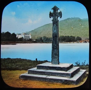 COLOUR Glass Magic Lantern Slide CELTIC CROSS NEAR LAKE C1890 VICTORIAN PHOTO - Picture 1 of 2