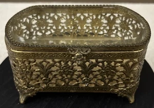 Vintage Schmuckkästchen goldfarben filigran Fuß abgeschrägtes Glas - Bild 1 von 7