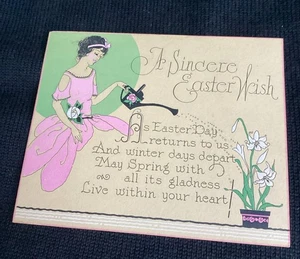 Vintage art deco Easter greeting card girl fairy dress watering can Lily 1920s - Picture 1 of 2