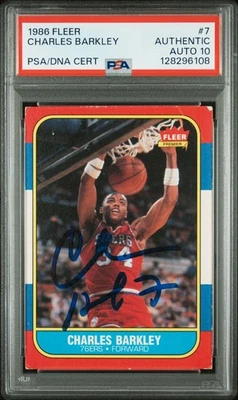 CHARLES BARKLEY SIGNED 1986 FLEER ROOKIE BASKETBALL CARD 76ERS PSA/DNA AUTO 10 - Image 1 of 2