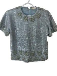 Vintage 1960s Sequin Beaded Wool Top Blue Iridescent Floral Medallions Medium - Picture 1 of 8