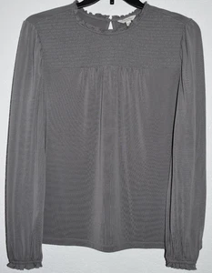 Lucky Brand XL Gray Smocked Blouse Ruffle Neck Long Sleeve Romantic Boho Top - Picture 1 of 23