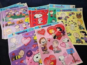Vintage Valentines Halloween Easter Fall Window Clings 1999 Peanuts Set of 9 - Picture 1 of 9