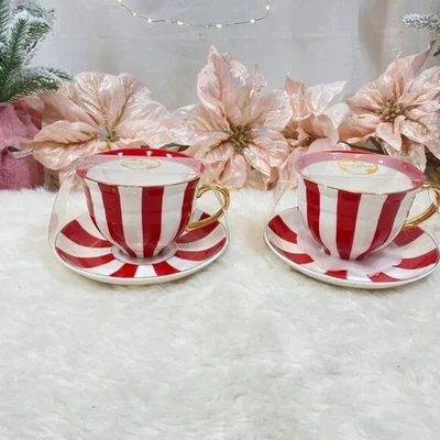 Tazas y platillos Grace Teaware porcelana fina vacaciones rojo dorado blanco rayas 4 piezas Foto 1 de 3
