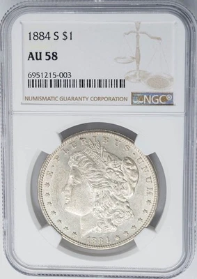 Dólar de plata Morgan 1884-S $ AU58 NGC 950706-1 Foto 1 de 4