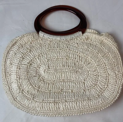 Vintage White Woven Straw Handbag Double Oval Handles Summer Beach Retro 1970’s - Image 1 of 4