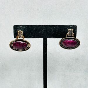 Chicos Earrings Purple Enamel Oval Door Knocker Bronze Tone .75" Pierced Ear