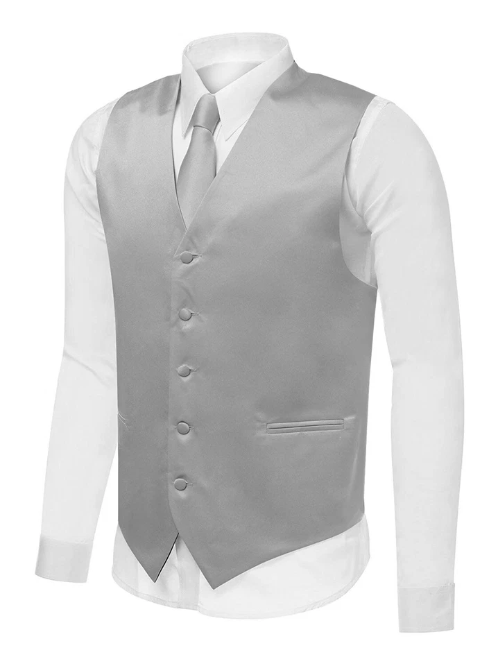 Men's Premium 2-Piece Dress Vest Neck Tie Combo Set Solid Color Adjustable Back - Image 1 of 2