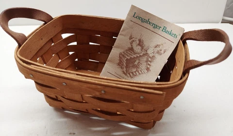 REDUCED Longaberger Small Tea Basket, Leather handles, 1989, w/L. Brochure Cover