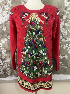 VTG HEIRLOOM COLLECTIBLES Red Embroidered Ugly Sweater Christmas Tree Sequins M - Image 1 of 4
