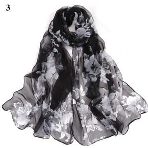 Lady Fashion Black Silky Feel Scarf w/gray Florals. Size 20" x 64" - Picture 1 of 2