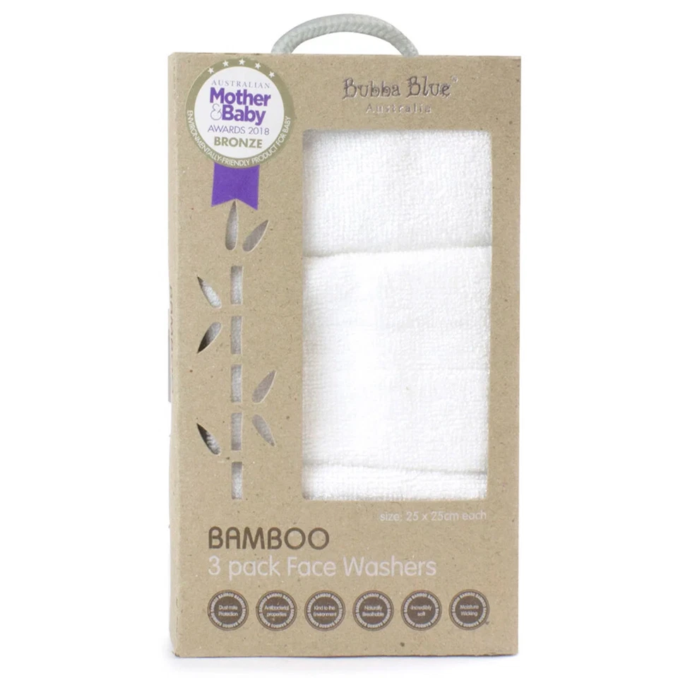 3pc Bubba Blue 25cm Square Bamboo Face Washer Set Soft Baby Towel Cloth White - image 1 of 2