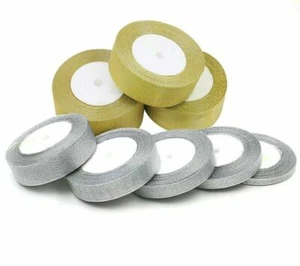 Gold / Silber GLITZER Glitzer GEWEBTE Kante ORGANZABAND, 6,10,12,15,20mm, - Bild 1 von 17