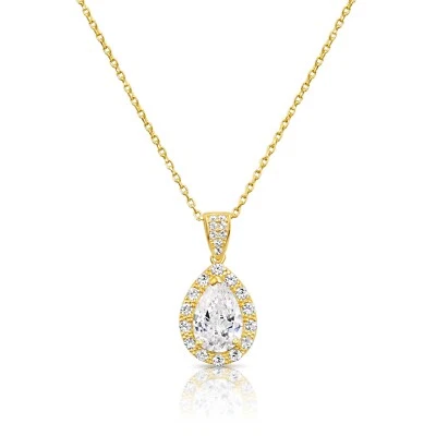 14K Real Solid Yellow Gold Pear-Cut Teardrop Halo CZ Pendant Charm Necklace 18in - Image 1 of 4