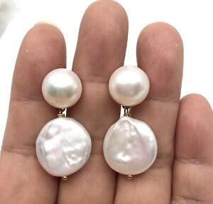 Large Double Pearl Dangling Earrings, 13mm & 18mm Pearl Drop Earrings, Baroque