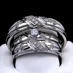 Wedding Bridal His/Her Trio Ring Set Lab-Created Diamond 14k White Gold Plated - Picture 1 of 4