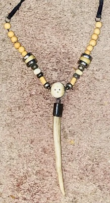 Hand Made Native American Beaded Necklace with Bone Stag horn Silver Centerpiece - Image 1 of 4