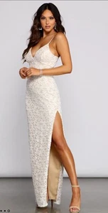 Windsor Wedding Evening Cocktail Party Dance Dress White Lace Nude Long Slit M - Picture 1 of 4