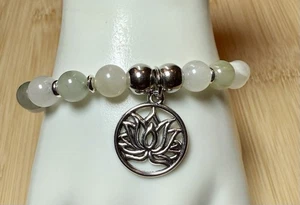 8mm Shades Of Green Stone Stretch Bracelet W/Silver Toned Accents, Lotus Charm - Picture 1 of 4