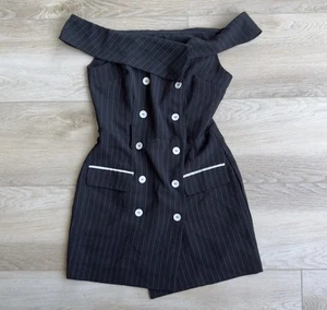 Vtg Pin stripe off the shoulder black and white short dress Sz M - Picture 1 of 3