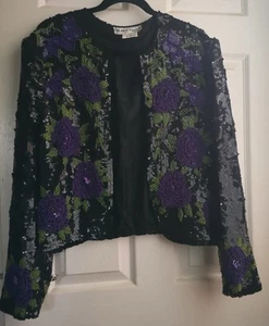 Vintage Hilary Floyd Sequin Beaded Jacket Purple flower Green leaf on Black S14 - Picture 1 of 20