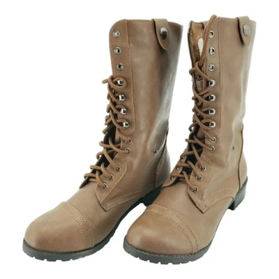 Botas Soda couro sintético moda punho amarrado combate tornozelo panturrilha média tamanho 10 - Imagem 1 de 4