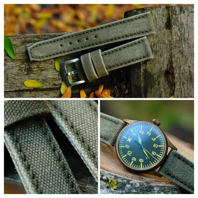 Correa de reloj de lona enrollada hecha a mano 22/20 mm verde oliva *listo para usar *pagado en EE. UU. Foto 1 de 4