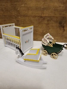 Lot Of Vtg Doll Furniture Baby Crib Rocking Horse Baby Carraige Taiwan 1980's - Picture 1 of 14
