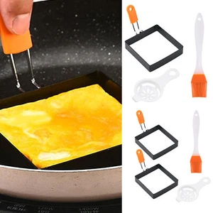 Square Egg Mold Cooking Maker Rings Set with Silicone Handle Stainless Steel - Picture 1 of 12